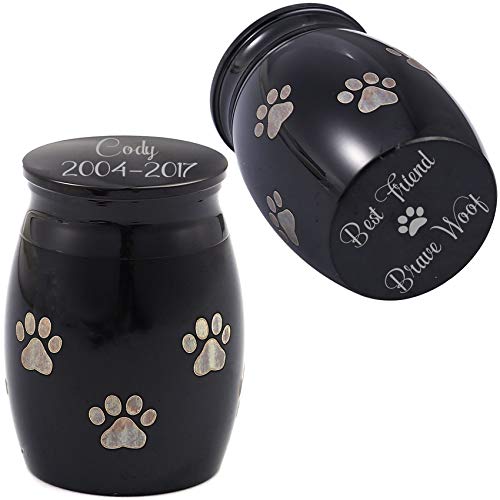 Anavia Personalized Mini Dog Paw Print Cremation Urn for Pet Ashes Holder 316L Stainless Steel Small Memorial Keepsake for Loved Puppy Cat, Free Engraving (Black)