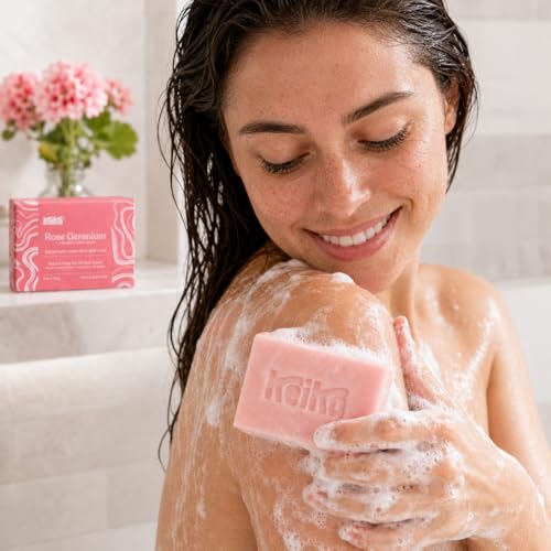 Image of Keika Rose Geranium Soap Bar with French Pink Clay for Face & Body, Natural Balancing Spa Bath & Shower Cleanser, 5 oz.