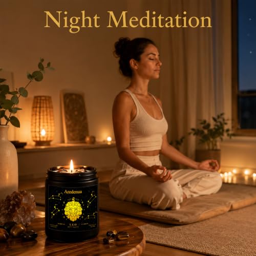 Image of Leo Zodiac Candles, Sunny Citrus Candle with Tiger's Eye Crystals | Astrology Leo Birthday Gifts for Women Men, Black Gift Box, 7 oz Soy Candle, 50 Hour Burn Time, Black Jar