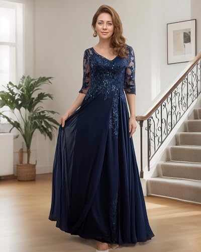 3/4 Sleeve Mother of The Bride Dresses Plus Size - Lace Chiffon V-Neck Long Mother of The Groom Dresses for Women2