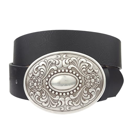 Axesoria Western-Inspired Floral Engraved Oval Buckle Belt Black L