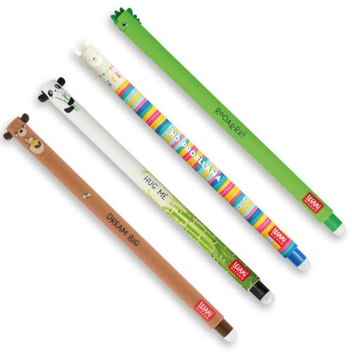 Legami - Conjunto de 4 canetas de gel apagável, temas Dino, Ursinho, Panda, chama, bola no final para remover a tinta preto, azul, verde, vermelho, sensível à temperatura, diâmetro da ponta 0,7 mm