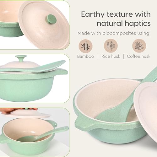 Eha Earth Friendly Serving Bowls with Lid | Microwave Safe | Made with Rice Husk and Bamboo Fibers | 1250 ml Each | Set of 2 | Celeste| Green