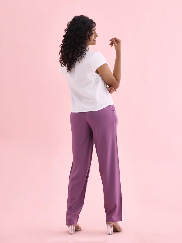 Image of GO COLORS Women Solid Mid Rise Relaxed Fit Viscose Casual Pants