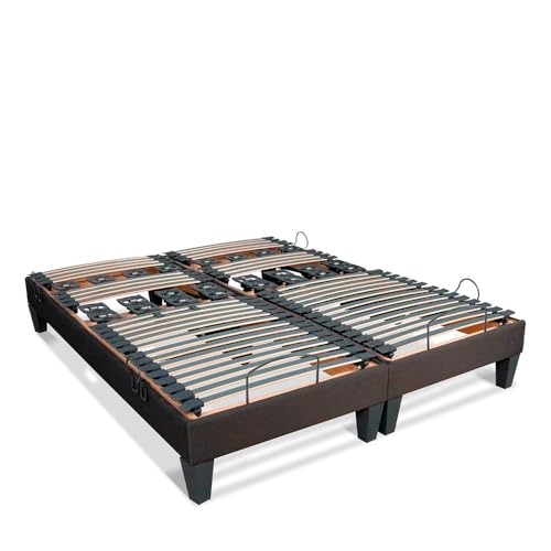 BELLECOUR Sommier Électrique 160x200 cm (2x80x200 cm) à Lattes et Plots avec tête, Buste & Pieds relevables et télécommande Filaire - Modèle Rochereau...