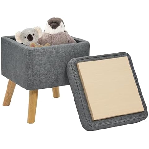 adochr Small Square Storage Ottoman with Tray, Modern Ottoman Foot Rest with Solid Wood Legs Footstool, Tufted Upholstered Ottoman with Storage Stool for Dorm, Vanity, Living Room, Bedroom(Linen Grey) Cover