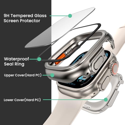 Image of 3 in 1 Goton Waterproof Hard Case for Apple Watch Screen Protector 49mm, 360 Slim Full Protective Tempered Glass Face Cover + Back Hard PC Bumper for iWatch Ultra 3 /Ultra 2 /Ultra, 49mm Titanium