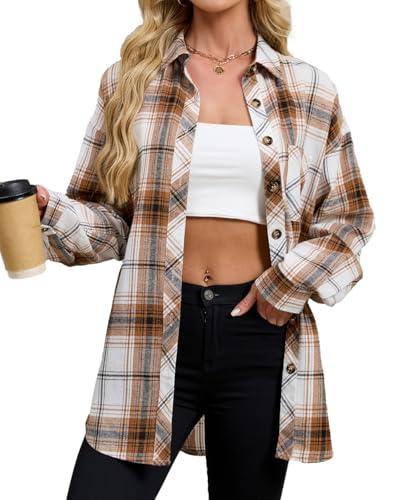 Image of Lacozy Womens Buffalo Plaid Flannel Shirt Long Sleeve Collar Button Down Blouses Tops
