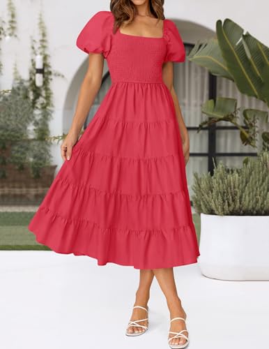 Image of ZESICA Women's 2026 Summer Puff Sleeve Midi Dress 2026 Boho Solid High Waist Flowy Beach Wedding Guest Long Dresses