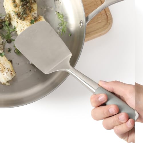 Image of Calphalon Edge Solid Turner, Cooking Spatula, Kitchen Spatula, Stainless Steel Turner with Silicone Heat Resistance Handle, Nonstick-Safe Spatula with Ergonomic Handle (Taupe)