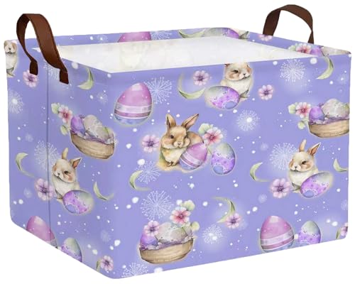 Image of Large Rectangular Easter Baskets Empty Waterproof Boy Toy Box Foldable Kid's Gifts Storage Bin Spring Room Decor(Purple Fireworks Rabbit Egg)