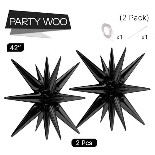 Image of PartyWoo Black Star Spike Balloons 2pcs Explosion Foil Mylar Balloons | 42 Inch for Graduation Birthday Engagement Wedding Anniversary Bridal Shower Bachelorette Retirement Party Decorations