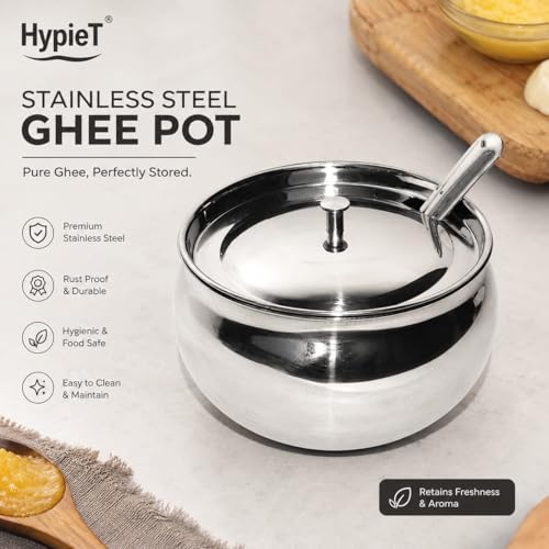 Image of Stainless Steel Ghee Pot with Lid & Spoon | Premium Food Grade Steel Container | Rust Proof, Hygienic & Durable Storage Pot for Kitchen | Dishwasher Safe