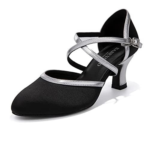 BABEYOND Women Ballroom Latin Dance Shoes Salsa Closed Toe 1920s Retro Party Wedding Heels (5, Black Silver, Numeric_5)
