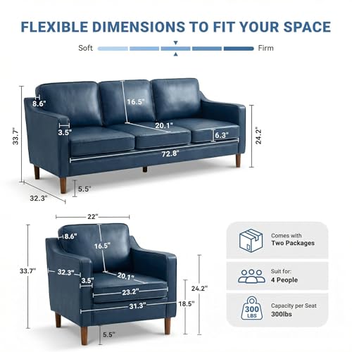 Image of Kingfun Living Room Furniture Sets, 3 Seater Couch and Armchair, Mid Century Modern Sofa Set, Faux Leather Couch with Solid Wood Frame for Living Room & Bedroom, Blue