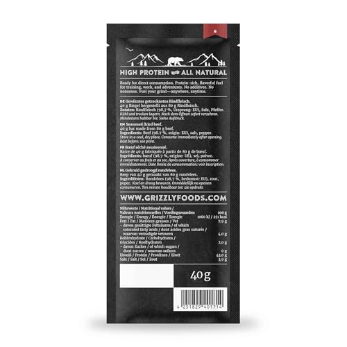 Grizzly Foods • Carnivore Beef Bars (5 x 40g) • 100% Rindfleisch • Über 40% Protein • Ohne Zucker & Zusätze • High Protein Low Carb Snack • Fleischriegel für Sport, Fitness, Muskelaufbau & unterwegs