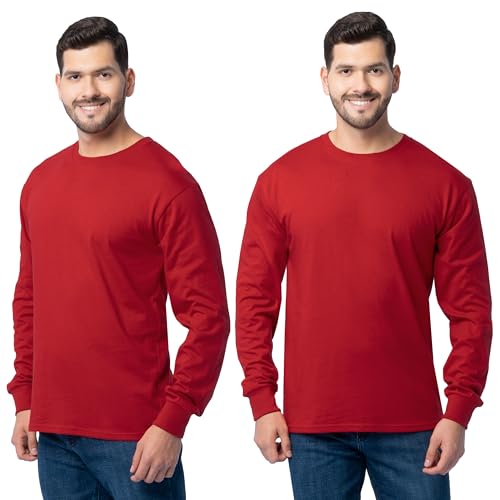Fruit of The Loom Men's Eversoft Cotton T Shirts, Breathable & Moisture Wicking with Odor Control, Sizes S-4X, Long Sleeve-True Red