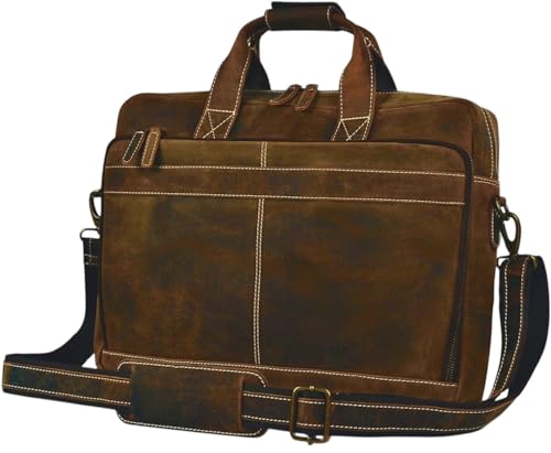 16 Inch Full Grain Leather Laptop Messenger Briefcase Bag for Men - Leather Satchel for Business Travel and Office Crossbody Shoulder Bag - Brown