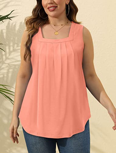Image of Saloogoe Summer Tank Tops for Women Loose Fit Pleated Square Neck Sleeveless Tops Curved Hem Flowy