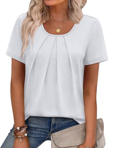 Image of WIHOLL Women T Shirts Pleated Short Sleeve Tops Business Casual Dressy Blouses