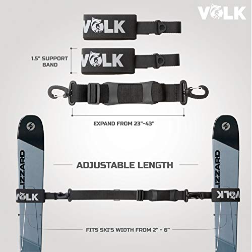 Volk Ski Strap and Pole Carrier 2 Pack - Skiing Accessory for Easy Transportation of Your Ski Gear - Feel Comfortable Walking to and From the Mountain - Adjustable Size Great for Men, Women and Kids