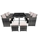 Panana 10 Seater Rattan Garden Dining Set with Large Table, 6 Chairs & 4 Stools, Space Saving Outdoor Furniture for Patio, Conservatory & Garden (Mixed Grey Rattan with Beige Cushions)