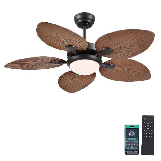 Wiviniya Tropical Ceiling Fans with Lights and Remote/APP Control, 44 Inch Palm Leaf Ceiling Fan with LED Lights, Outdoor Ceiling Fans for Patios Porch, Reversible Quiet Motor, Dimmable, Light Brown
