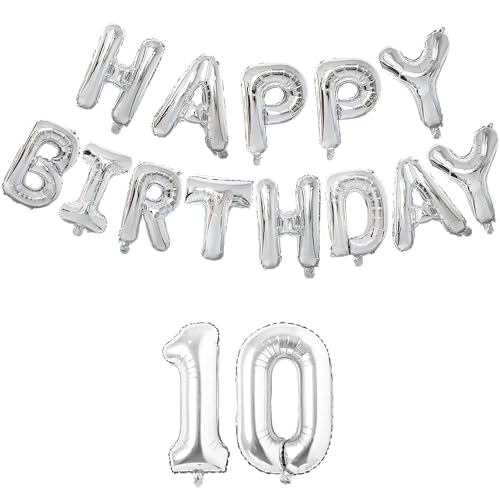 Image of Flyloons 10th Silver Colour Happy Birthday Foil Balloon Set For 10 Year Old Boys Girls Kids | With Number Ten | 13 Letters Reusable Happy Birthday Metallic Foil Balloons Decoration Kit, 15 Pcs