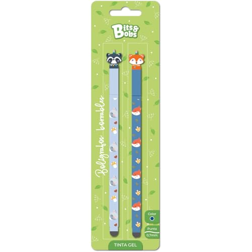 Grafoplas - Conjunto Escolar 2 Canetas Borráveis de Tinta Gel Azul, Bits&Bobs Animais Raposa e Guaxinim, Permite Reposição, Inclui Borracha, Escrita Limpa sem Manchas, Material Escolar e Presente