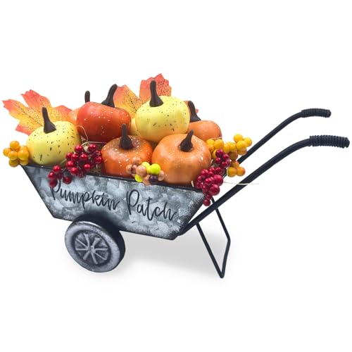 Herbst Dekor, 23.5cm Vintage Metall Schubkarre mit Künstliche Kürbis...