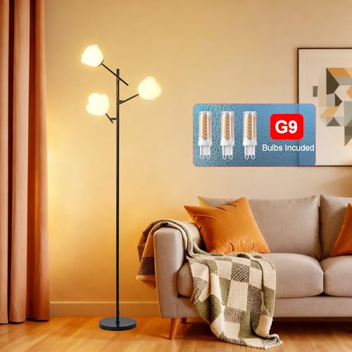 Image of Fiqevs Mid Century Modern Floor Lamp with 3 Adjustable Flower Shade - Floral LED Standing Light with Foot Switch & Light Bulb, Sputnik Tree Lamp for Living Rooms Bedrooms - Black
