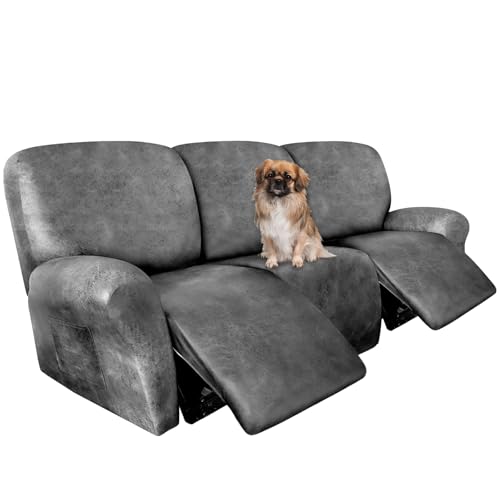 Image of ANARACHON Recliner Couch Cover Leather Look Recliner Sofa Covers for 3 Cushion Reclining Sofa Slipcovers 8-Pieces Furniture Protector Spandex Fabric Washable (3 Seater, 02 Light Grey)