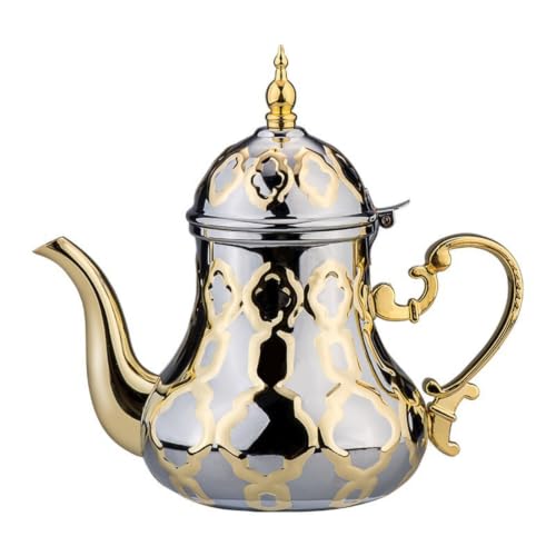 Image of Generic Stainless Steel Teapot with Filigree Pattern Domed Lid Graceful Spout Arched Handle Polished Steel Suitable for Afternoon Display Dining Table Decor, 1.2L