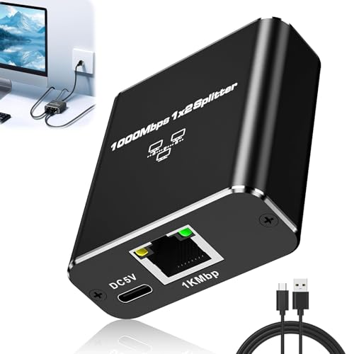 Splitter Switch Ethernet LAN 1 a 2, Divisor Gigabit de Doble Salida RJ45 de 1000 Mbps Cat5/6/7/8 Distribuidor de Cable para Ordenador/TV/PS4/PS5/Decodificador/Enrutador /Conmutador, Negro