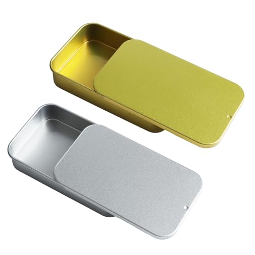 Image of 2 PCS Metal Tin Box with Lid, 3.15 x 1.97 x 0.59 Inches, Mini Slide Top Hinged Containers for Candies, Jewelry, Crafts, Pills Storage(Gold and Silver)