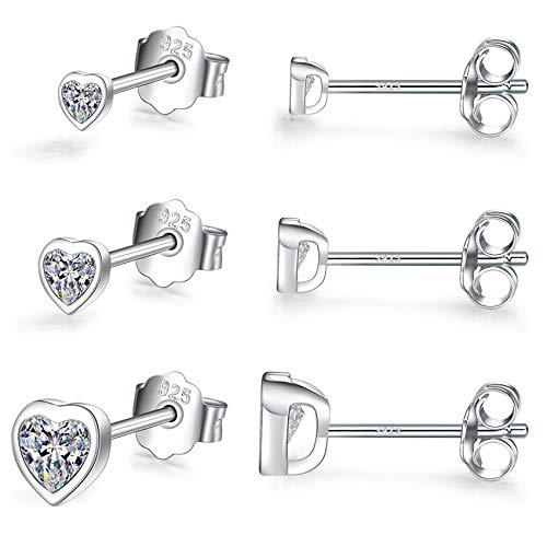 Sterling Silver Small Stud Earrings for Women Men, 3 Pairs of Tiny Heart Shaped Cubic Zirconia Earrings White Gold Plated CZ Cartilage Tragus Earrings(2mm/3mm/4mm)