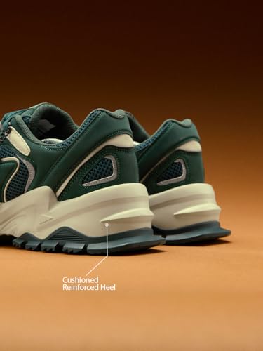 Image of The Souled Store Fumes NX: Sage Men and Boys Low Top Sneakers Green and Off White Streetwear Chunky Trainer Breathable Mesh Cushioned Midsole Durable Sole Lace Up Lightweight Padded Collar