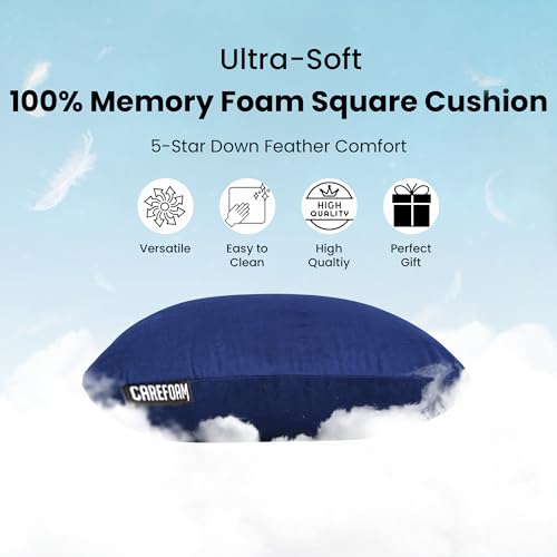 Image of CareFoam Memory Foam Square Cushion for Car, Sofa /Diwan, Bed, Chair & Decoration | Highly Durable, Hypoallergenic | 14 inchx 14 inch x 4 inch | Velvet Cover | Blue, Pack of 5