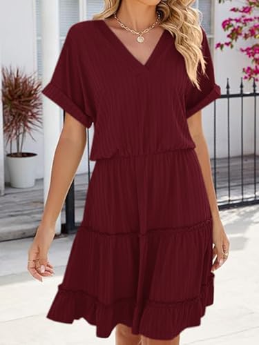 Image of PerZeal Women's Casual V Neck Short Sleeve Tiered Dress Ruffle Hem A-Line Flowy Swing Midi Dresses