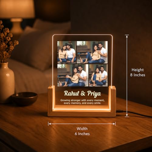 Image of Giftplease Personalized LED Acrylic Photo Frame with Custom Photos & Names | Engraved Acrylic Picture Lamp | Wooden Base | USB Warm LED Night Light | Anniversary, Wedding, Birthday, Couple, Family