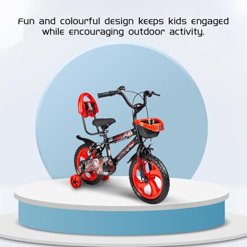 Image of Amazon Brand - Jam & Honey Kids 14T Bicycle | Sturdy Steel Frame | EVA Tyres | Adjustable Seat & Handlebar | Training Wheels | Front Basket | Red