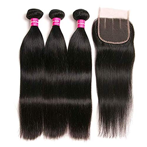 RUIMEISI Brazilian Straight Hair With Closure 3 Bundles Unprocessed Virgin Human Hair Bundles With Lace Closure Free Part Hair Extensions Natural Color (141618+12 Inch, Three part)
