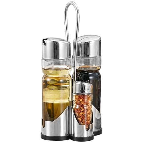 yeeplant Lot de 4 salières et poivrières, kit distributeur d'huile et de vinaigre en verre, support en acier inoxydable pour condiments, organisateur d'assaisonnement pour comptoir, dimensions : 12,9