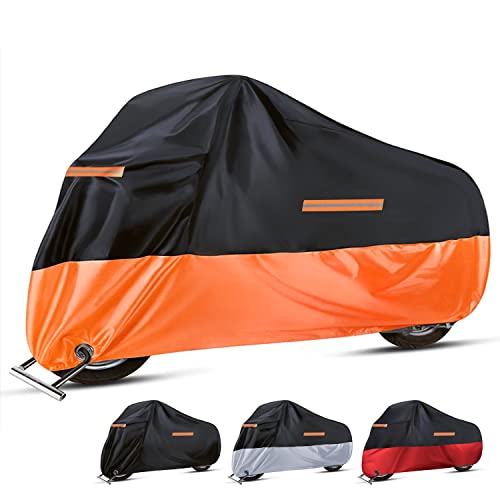 Housse de Protection pour Moto imperméable Couverture Imperméable en Oxford Tissu Bâche Moto pour Extérieur Housse de Moto avec 3 Bandes réfléchissantes pour Motos Scooters - 245X105X125CM (Orange) Cover