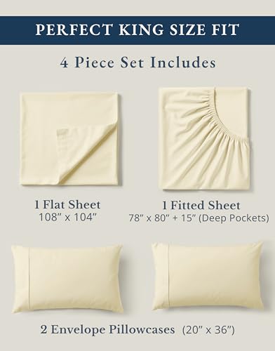 Image of LANE LINEN King Sheet Set 100% Organic Cotton Percale Cooling 4pc - Natural | King Sheet Set, GOTS Certified Organic Cotton Percale - Great For Gifting, Easy-Care Machine Washable, For Hot Sleepers