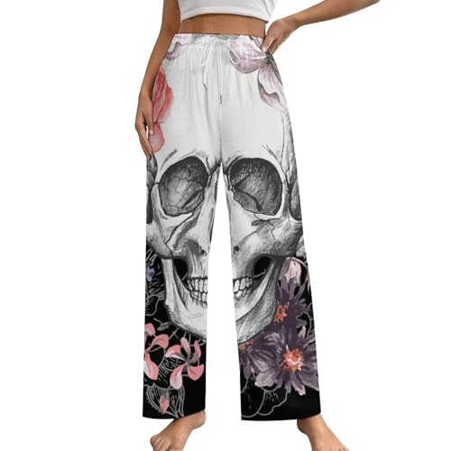 Bas de pyjama fleurs et crânes blancs vêtement de nuit avec poches latérales
