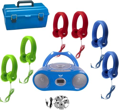 HamiltonBuhl LCP/CD385/6FX 6-Person Listening Center with AudioAce Bluetooth Media Player, 2 Blue, 2 Green and 2 Red Flex-Phones Headphones, Jackbox and Carry Case
