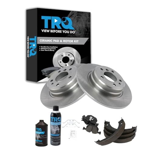 Image of TRQ Rear Brake Pad & Rotor Kit, with Chemical Kit Parking Brake Shoe Set Ceramic Compatible with 1995-2001 BMW 740i 740iL