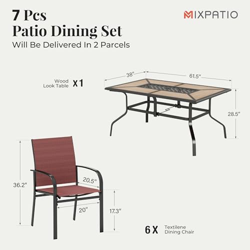 Image of MIXPATIO Outdoor Patio Dining Set 7 Piece Furniture Set with 6 Red Chairs and Wood-Like Table Top Rectangular Table for Deck Garden Backyard Lawn Poolside