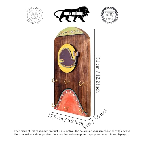 Image of AAKRITI ART CREATIONS Key Holder, Ona Key Hanger with Fish Motif and Beautiful Artwork | Rustic Wooden Wall Organizer with 6 Hooks | Storage Shelf for Keys, Hats | Multifunctional Entryway Decor Item